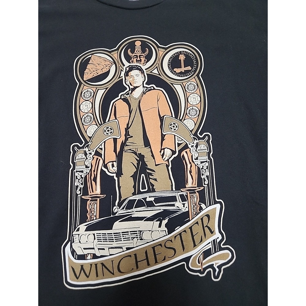 Supernatural Dean Winchester with pie, the Colt, Samulet, Baby,‎ & symbols 2XL